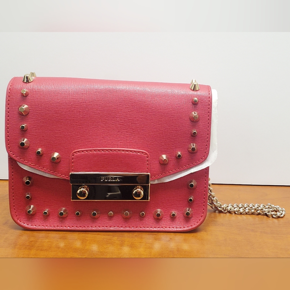 New Furla Mini Gold Studded Pink Handbag
